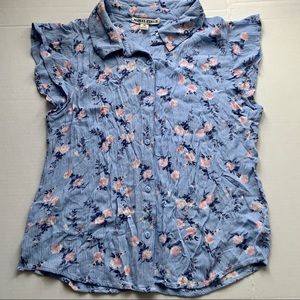 Moral Fiber Light Blue & Pink Floral Butterfly Cap Sleeve Blouse, Romantic, Sz M